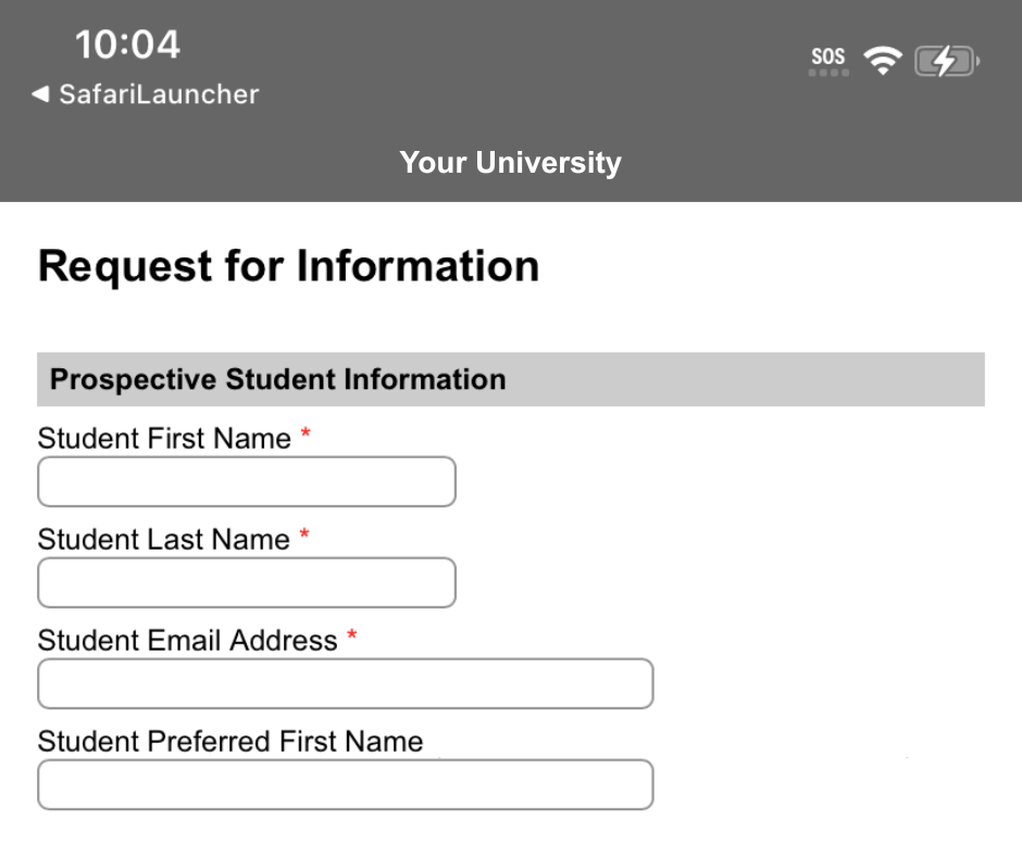 An example of inconsistent CRM mobile branding in Slate, showing a generic grey header instead of a university's custom branding.